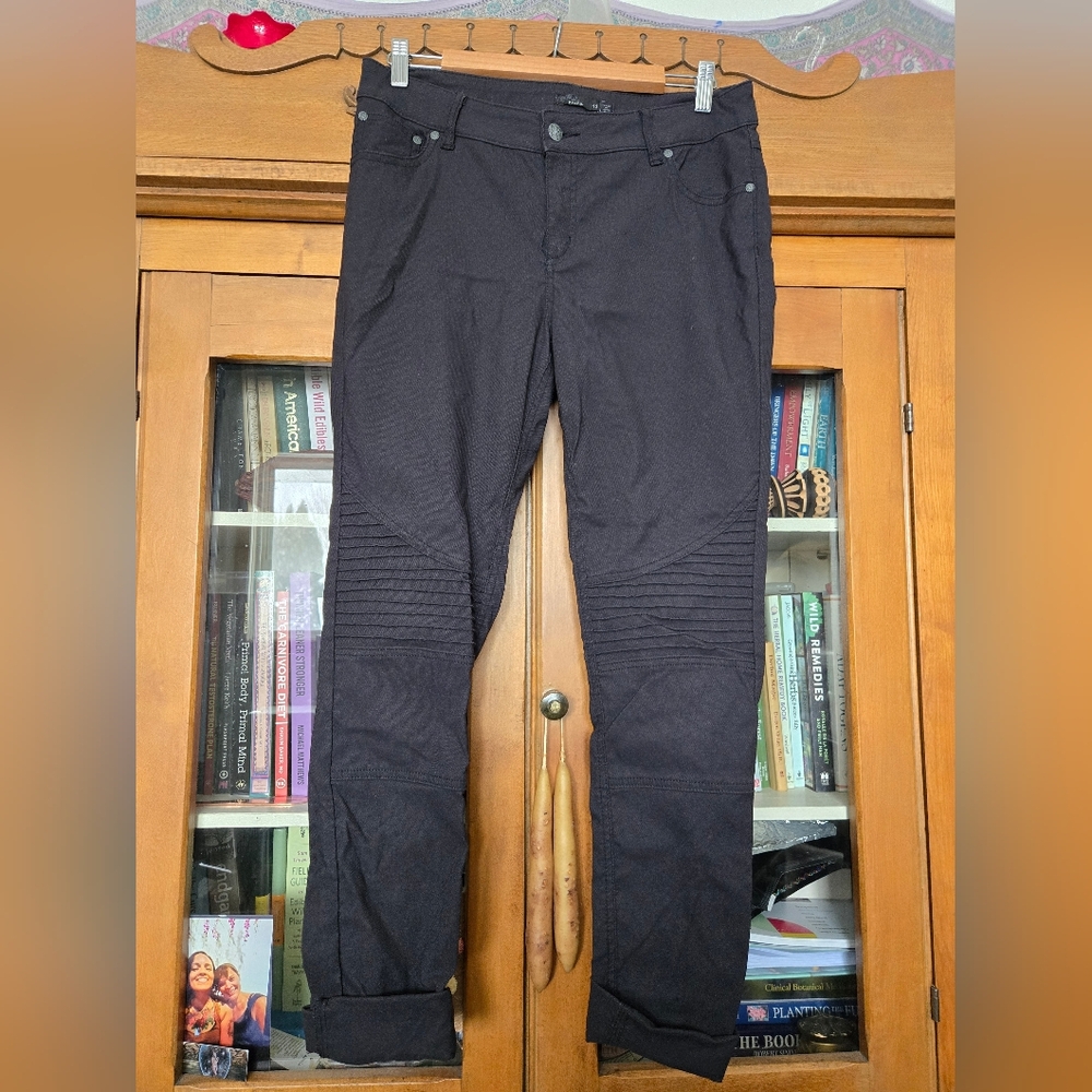 Prana "Brenna" Black Twill Moto Pants, Skinny Leg, Mid-Rise, Size 12